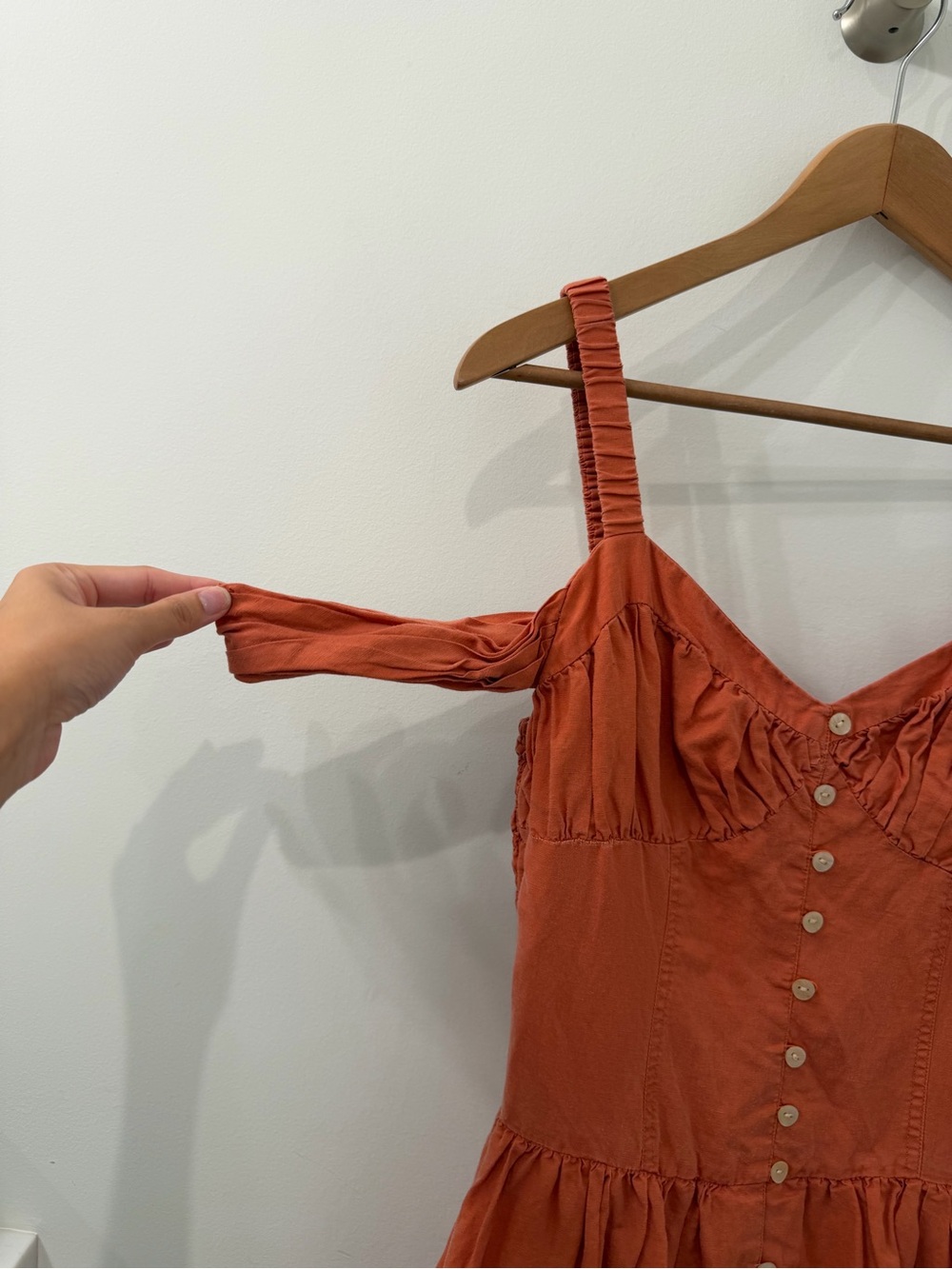 Anthropologie Off The Shoulder Linen Mini Dress in Canyon Pink/Orange - Picture 7 of 11